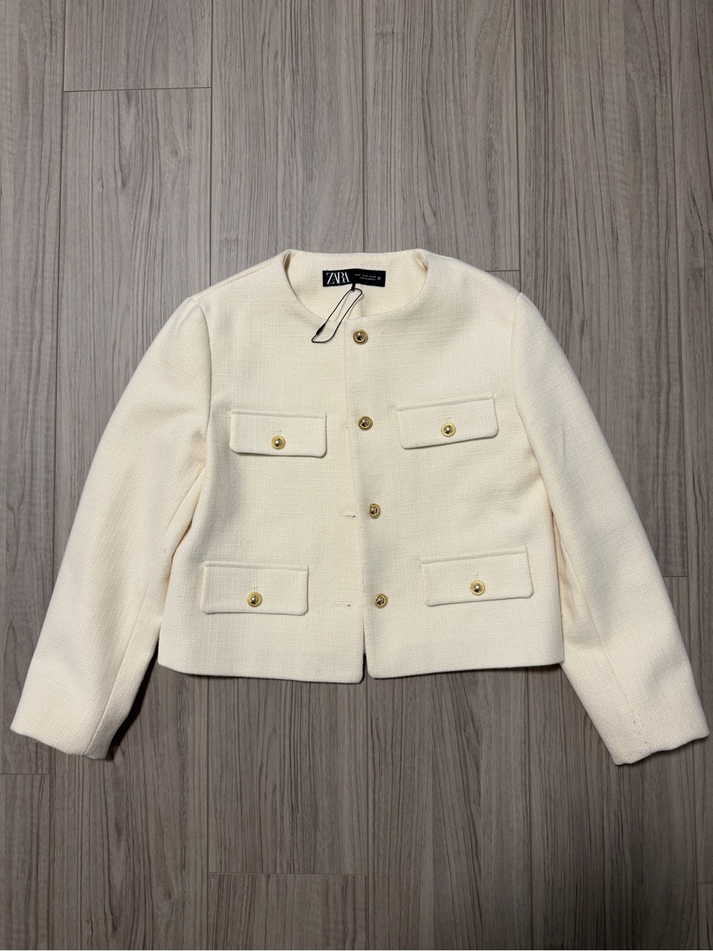 Zara Cream Textured Cropped Blazer with Gold Buttons